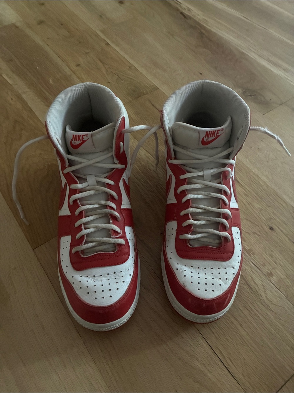 Nike White and Red High-Top Basketball Sneaker